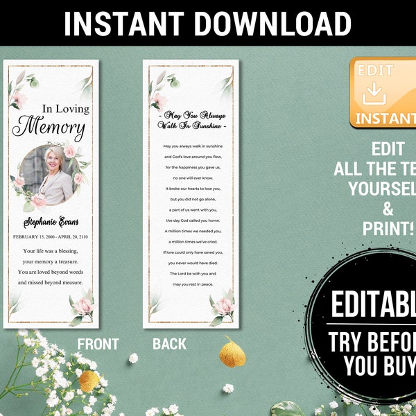 Laminated Obituary Bookmarks Etsy