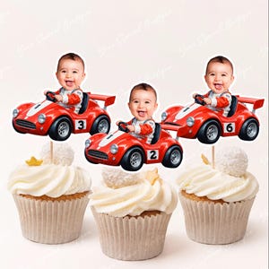 Race Car Photo Cupcake Topper, face cupcake toppers, car racing party, speedway photo face cutout, formula one toppers Cupcake race car