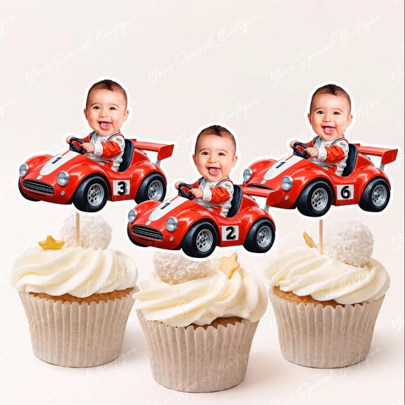 Race Car Photo Cupcake Topper, face cupcake toppers, car racing party, speedway photo face cutout, formula one toppers Cupcake race car