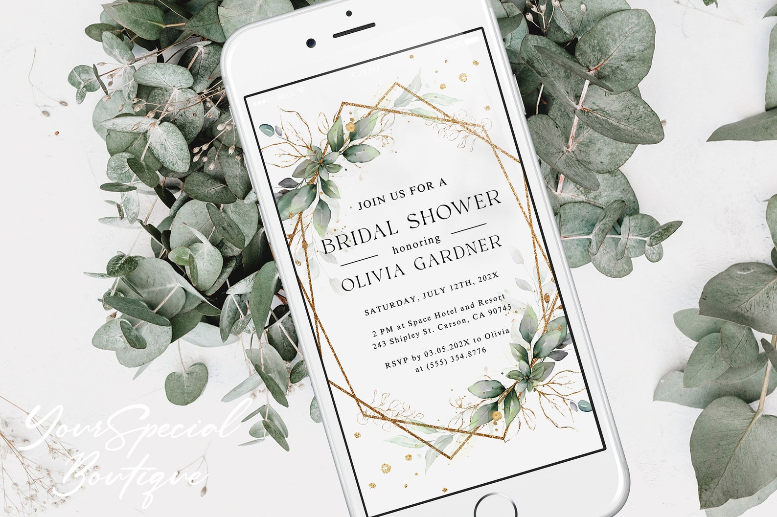 Bridal Shower Invitation Electronic, Bridal Shower Evite, Greenery Gold ...