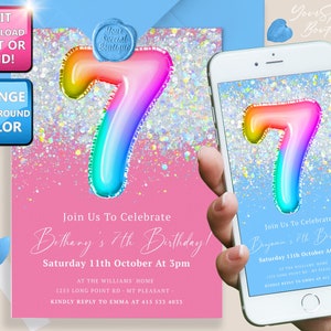 7th Birthday Invitation Editable Pink Glitter Birthday Invitation, Rainbow Holographic Editable invite