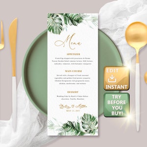 Szablon menu weselnego Tropical, Szablon menu weselnego Edytowalny natychmiastowy do pobrania, Karty menu weselnego ze złotem, Menu weselne nowoczesne W018