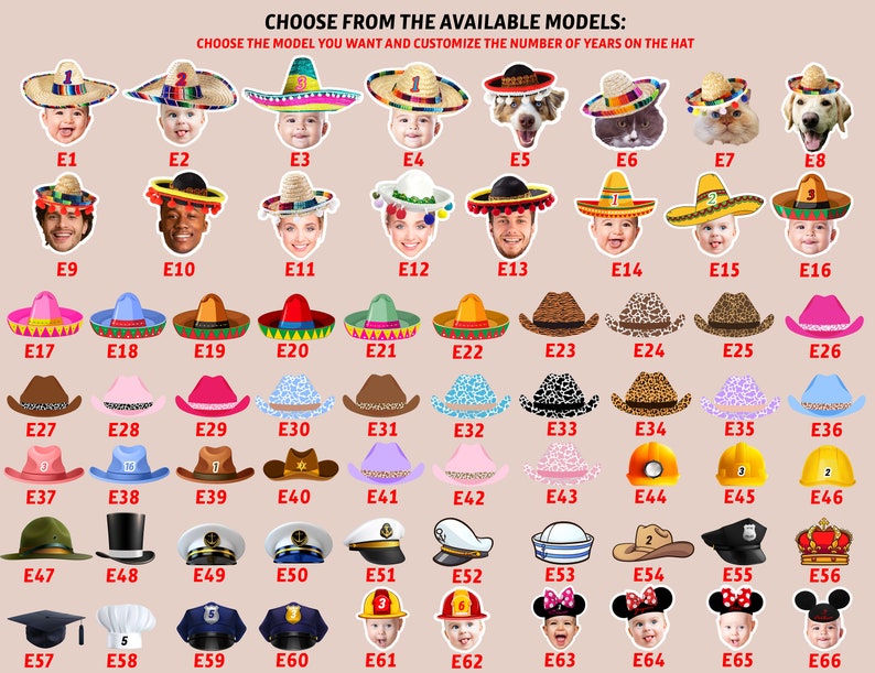 May include: A chart of 66 different hat designs for customizing with a number of years. The hats are in a variety of colors and styles, including sombreros, cowboy hats, baseball caps, and graduation caps. The chart is labeled with the letters E1 through E66.
