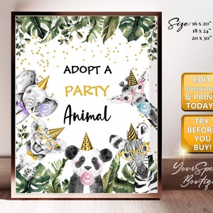 Adopt an Animal Birthday Sign Table Decor Safari Birthday Wild One Animals Black and Gold Table Sign Zoo Party Jungle PRINTABLE sign