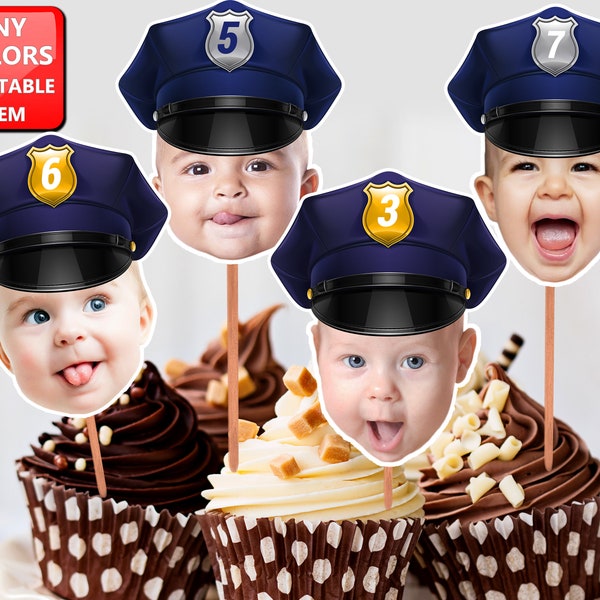 Topper per cupcake della polizia, Topper per cupcake con foto, Topper per cupcake STAMPABILI con foto, Tema di compleanno della polizia, Topper per torta con cappello della polizia