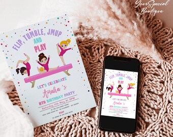 Jump Tumble & Play Gymnastics Birthday Party Invitation Editable Template, Girls Rainbow Gymnastics Theme, Birthday Invite, Instant Download