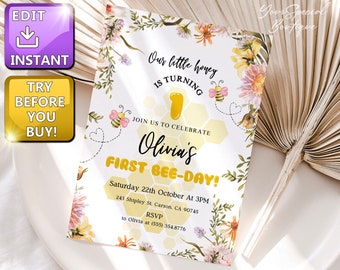 Bee 1e verjaardag uitnodigen, 1e Bee Day-uitnodiging, Bee verjaardagsuitnodiging, hommel verjaardag, 1e verjaardag meisje Bee, Honey Bee uitnodiging