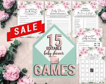 May include: A set of 15 printable baby shower games with a floral theme. The games include "How Well Do You Know the Mommy?", "Baby Shower Word Scramble", "The Price is Right", "Who Said It? Daddy or Mommy", and "Baby Bingo".