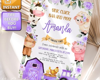 May include: Purple and white farm animal birthday party invitation with a tractor, barn, and animals like a cow, pig, sheep, and horse. The text reads "Oink, Cluck, BAA and Moo! Amanda is turning three. Come celebrate with us Saturday, March 15th at 2 PM. At The Williams' Home 1255 Long Point Rd. Mt Pleasant. So 29464. Kindly Reply To Danielle At 415 533 4033 By Jul 30th."