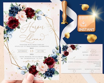 Wedding invitation DUSTY BLUE and BURGUNDY, Wedding Invitation Template, Wedding Invite, Wedding Invitation Set, Editable Template W023