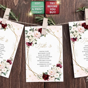 Carte da tavolo per matrimonio in Borgogna, Trova il tuo tavolo Marsala, Tabellone per l'ordine dei posti, Modello di lista degli invitati, Modello stampabile W010