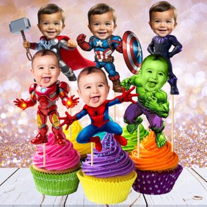 Conjunto de 6 decoraciones personalizadas de superhéroes de cómics para primer cumpleaños de bebé, temática de héroe, V3