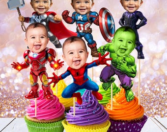 Set of 6 Comic Book Superhero Inspired Personalized Superhero Custom Baby 1st Birthday Hero Theme Party Decoration Hero Theme Party V3