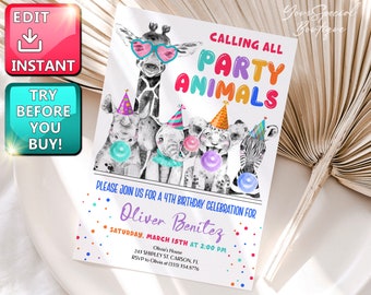 Invitación de cumpleaños editable con animales de fiesta Invitación con animales salvajes Invitación para fiesta de cumpleaños con animales de safari del zoológico Invitación con animales de safari de leopardo