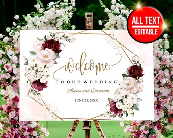 Wedding Welcome Sign Template, Wedding Welcome Sign Simple, Wedding Welcome Sign Template Editable, Wedding Welcome Sign With Flowers w010