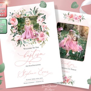 LDS Baptism Program 4 PAGES Floral Baptism Program LDS Girl, Editable Girl Program, Instant Download, Baptism Program Template,Pink Rose 001
