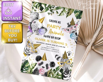 Invitación de cumpleaños editable con animales de fiesta Invitación con animales salvajes Invitación para fiesta de cumpleaños con animales de safari del zoológico Invitación con animales de safari de leopardo
