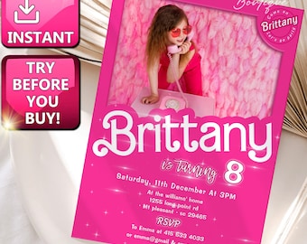 Editable Pink Fashion Doll Box Birthday Invitation with photo Printable Glitter Pink Doll Box Party Invite Sparkle Princess Invite 076