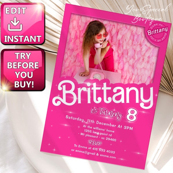 Editable Pink Fashion Doll Box Birthday Invitation with photo Printable Glitter Pink Doll Box Party Invite Sparkle Princess Invite 076