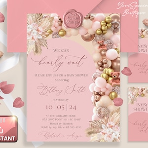 Baby Shower Invitation Bear Balloons Pink Cream Gold Rose  e-vite Baby Invite SET Printable + digital Baby Shower Bear Balloons girl BS046