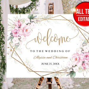 Wedding Welcome Sign Floral, Wedding Welcome Sign Downloadable, Wedding Welcome Sign Modern, pink Roses, Wedding Welcome Sign Elegant w003