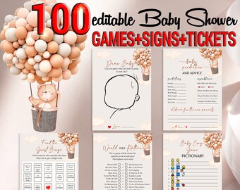 100 Bear Balloons Baby Shower Games,  Bear Baby Shower Games, Editable Cute Baby Shower Game Bundle, DIY Party Virtual Baby Games BS010
