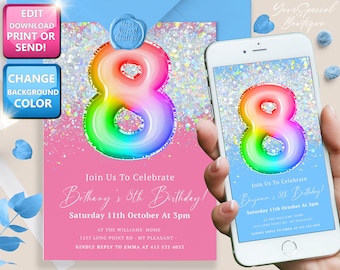 Eighth Birthday Invitation, 8th Birthday invite, Boy Birthday Invitation 8th, Number 8, Eighth Birthday, Boy Birthday, Glitter Invitation