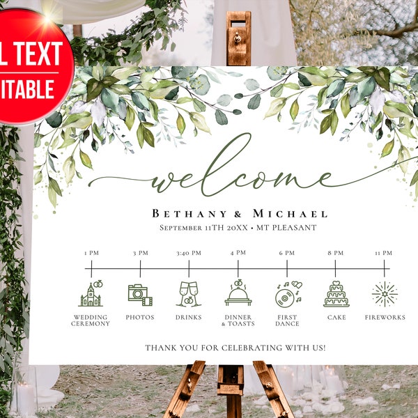 Wedding Welcome Sign, Wedding Timeline Poster, Welcome Sign Wedding, Wedding Timeline, Boho Sign, signage Large  Schedule Itinerary W001