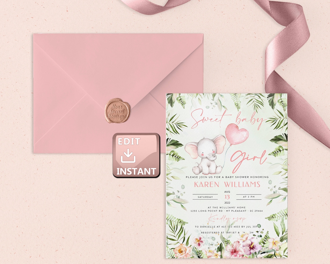 Invitation Baby Elephant Girl Template With Balloon Brunch | Etsy