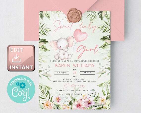 Invitation Baby Elephant Girl Template With Balloon Brunch | Etsy