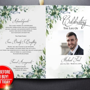 Editable Funeral Program Template, Funeral Memorial, Greenery Order Of Service, Celebration Of Life Program, INSTANT DOWNLOAD F031