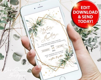 Wedding invitation Digital Greenery,  Geometric Wedding E Invite By Mail, Invitation Electronic Card, Smartphone, Digital Template,  W002