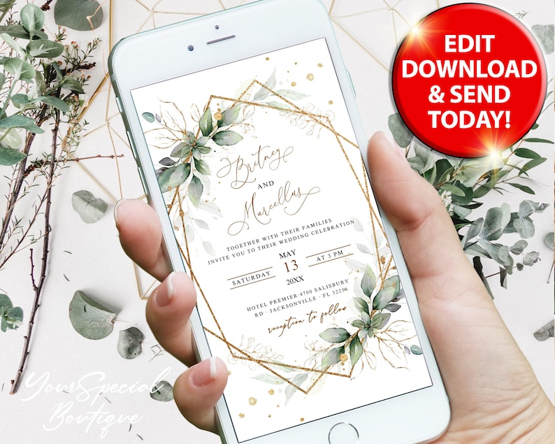 May include: A digital wedding invitation with a gold geometric frame and green foliage. The invitation reads "Brittany and Marcellus" with the date and time of the wedding. The text "Together with their families invite you to their wedding celebration" is also included.