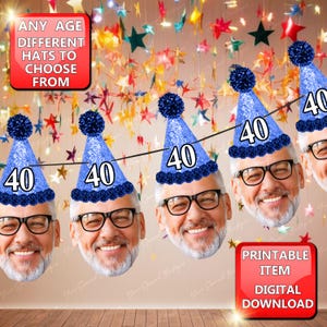 May include: Printable banner with blue and white party hats with the number 40 on them. The hats are decorated with pom-poms. The banner is for a 40th birthday party.