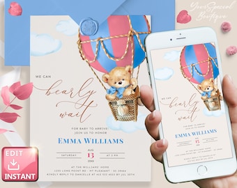 Inbjudan till babyshower med nallebjörn, luftballong, blårosa, björntema, vi kan vänta, inbjudningsmall för utskrift + digital inbjudan BS060