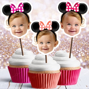 Minnie Mouse Ears Personalized Face Cupcake Toppers, Minnie party hat, cupcake decoration face personalized photo cupcake topper face