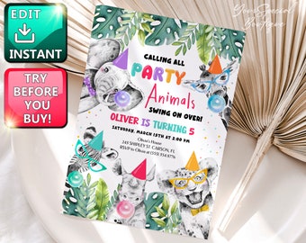 Editable Party Animals Birthday Invitation Safari Animals Birthday Invite Girl Safari Modern Leopard Print Jungle Birthday Party Wild One