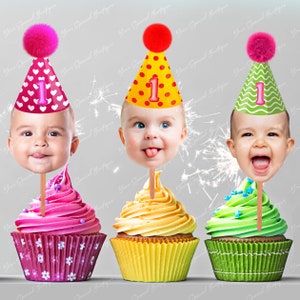 Cute Face cupcake toppers, 1st birthday cupcake toppers 2nd 3rd 4th Birthday ANY AGE personalized Photo Face Cutout Faces Custom Cake Topper