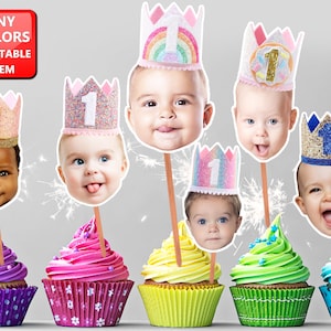 King Face Cupcake Toppers 1st Birthday Crown Cupcake Toppers Crown Princess Face Cupcake Toppers for Baby Girl Baby Boy baby birthday face
