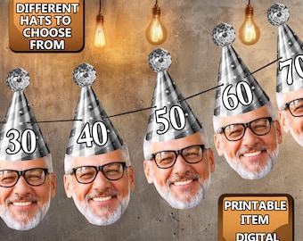 Custom Photo Banner Digital Face Banner Party Hat silver Birthday Celebration Personalized Birthday Hat silver Banner Download, Any age