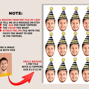 May include: A printable PDF file with 12 personalized party hat toppers. The toppers feature a black and white striped hat with a gold glitter number 30. The file is 8.5 inches by 11 inches.