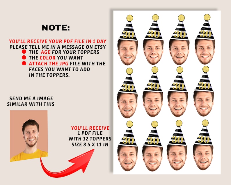 May include: A printable PDF file with 12 personalized party hat toppers. The toppers feature a black and white striped hat with a gold glitter number 30. The file is 8.5 inches by 11 inches.