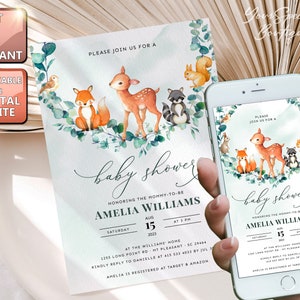 Woodland Baby Shower Electronic Invitation Forest Animals e-vite Template Digital Invite + Printable, Greenery Customizable Instant Download