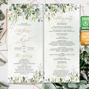 May include: A wedding invitation with a green and white floral design. The invitation features the names "Bethany" and "Michael" in gold script, along with the date "May 13, 20XX" and the time "3 PM". The invitation also includes a list of the wedding party members and a thank you message.