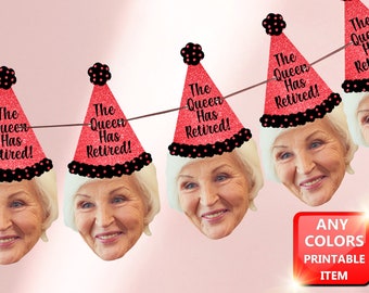 Retirement Banner with Face and Party Hat backdrop, Officially Retired, Congratulations, Garland, Bunting, Drink Stirrers, Digital File