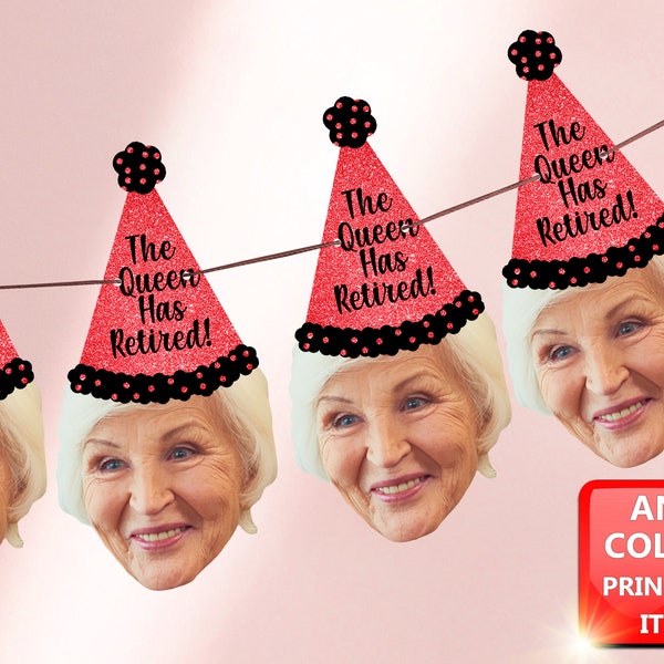 Ruhestand Banner mit Gesicht und Party-Hut Hintergrund, offiziell im Ruhestand, Glückwünsche, Girlande, Wimpelkette, Trink-Rührer, digitale Datei