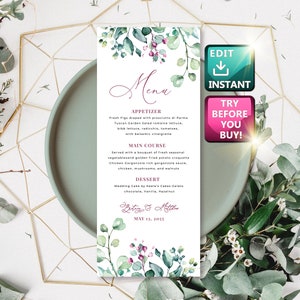 Hochzeitskarte Rosa, Abendkarte, Menükarte im Grünen, Menü zum Ausdrucken, Mittagskarte, Partykarte, Brunch-Karte, Probeessen W014