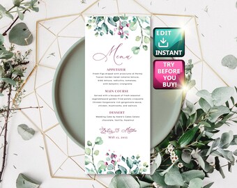 Wedding Menu Pink, Dinner Menu, Greenery Menu, Printable Menu, Lunch Menu, Catering Menu, Brunch Menu, Rehearsal Dinner W014