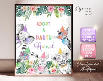 Adopt a Wild Animal Sign, Safari Birthday Party, Safari Sign, Pet Adoption Party, Jungle Birthday Party, Pet Adoption Party Instant download