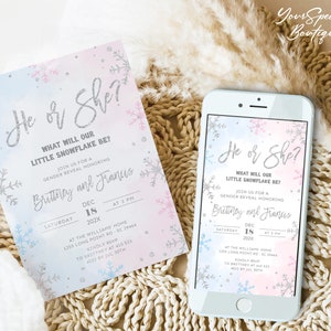 Plantilla de invitación para fiesta de revelación de género de copo de nieve Él o ella, bebé niño o niña, baby shower de país de las maravillas invernal Invitación digital para fiesta de revelación de género de invierno